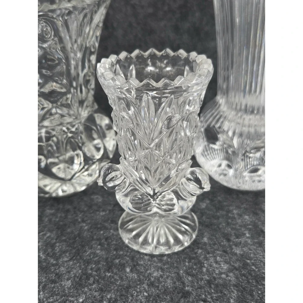 Lot Of 3 Hand Cut Lead Crystal Bud Vases Toothpick Holders VTG 1970's Thumbprint